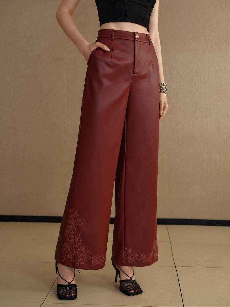 DELICATE EVERYDAY HOLLOW EMBROIDERY VACATION LEATHER PANTS
