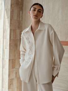 MOTF PREMIUM 2 件套女士优雅撞色亮片仿珍珠细节落肩宽松衬衫和阔腿裤套装