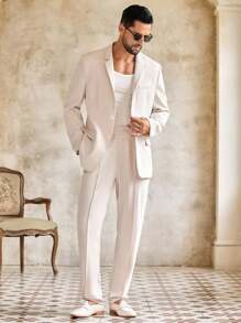 HIMLAND 两件套男士粉彩色复古休闲商务西装套装，奶油色西装，男士米色西装，男士婚礼西装，男士奶油色西装 - 卡其色 - 查看 5