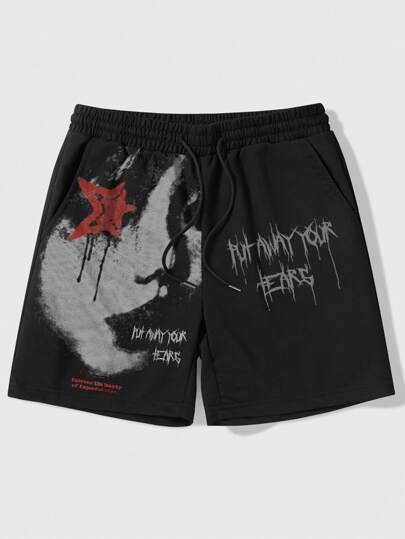 Grunge Punk Men's Portrait Printed Shorts, Suitable For Daily Wear In Spring And Summer