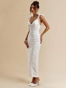 SHEIN BAE Women's Elegant White Summer Midi Dress,3D Floral Sequin Accents,Wedding Guest Outfit,Perfect For Graduation,Brunch,Bridesmaid & All White Party - White - View 3