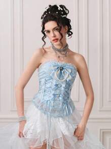 ROMWE Kawaii 女士复洛克风格浪漫珍珠蝴蝶结系带紧身胸衣上衣