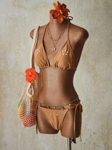 SHEIN ICON Ensemble de bikini femme avec appliqué, plissé, décolleté ras-du-cou, froncé et fendu