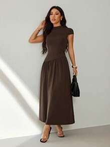 SHEIN PETITE 女式纯色立领泡泡袖褶皱长款休闲连衣裙，夏季 - 棕色 - 查看 4