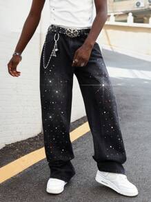 ROMWE MEN Street Life 男士水钻装饰口袋休闲时尚牛仔裤 - 黑色 - 查看 5