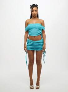 SUMWON WOMEN Crochet Beach Two Piece Resort Wear Ruched Co-Ord Summer Vacation Pool Party Festival Bandeau Top Mini Skirt Set - Blue - View 8