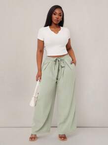 SHEIN SXY Plus Size Women High Waist Loose Wide Leg Drawstring Pants, Suitable For Everyday Wear, Festivals, Date Nights, Birthdays, Bachelorette Parties, Weddings, Elegant, Casual, Shopping, Streetwear, Going Out, Easy To Match & Flattering, Accentuate Your Body Olive Green Sage Green