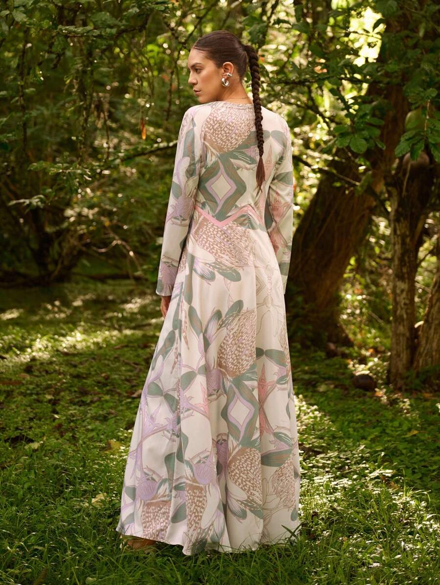 Sunsella Vestito lungo elegante da donna per estate, vacanza, in chiffon, a stampa, aderente, a maniche lunghe, a linea A, per occasioni speciali