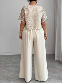 Elenzga 大码女式花卉提花圆领短袖上衣和阔腿裤优雅两件套，夏季 - 杏色 - 查看 2