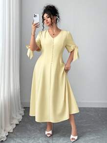 Elenzga Elegantes Kleid in Große Größen für Damen mit einfarbigem Kurzarm V-Ausschnitt und Schleife - Gelb - Übersicht 4