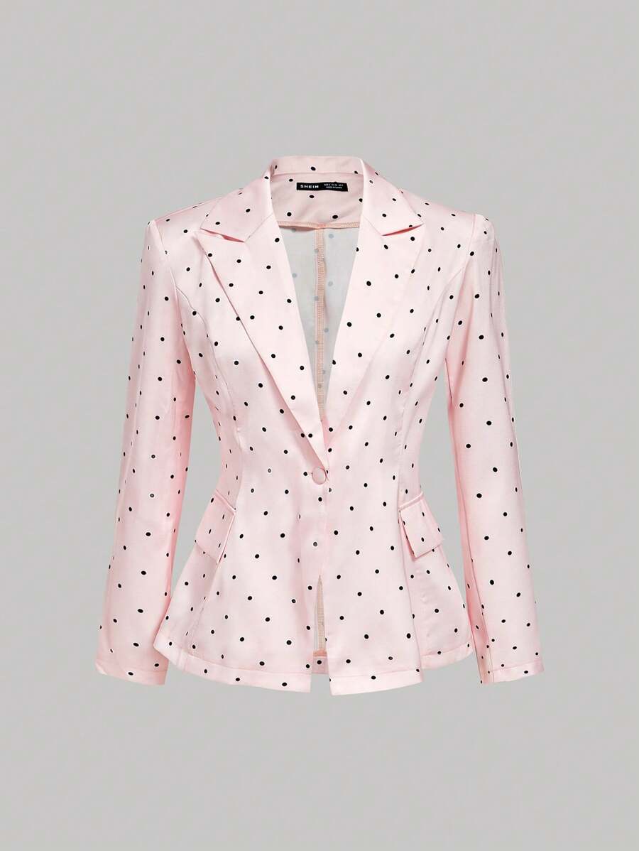 SHEIN MOD 粉色波尔卡圆点翻领优雅女士西装外套秋冬装 - 粉色 - 查看 1