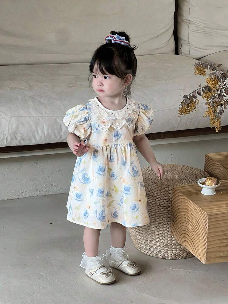 Toddler Girls' Full Floral Print Lace Patchwork Midi Party Dress, Formal Occasion