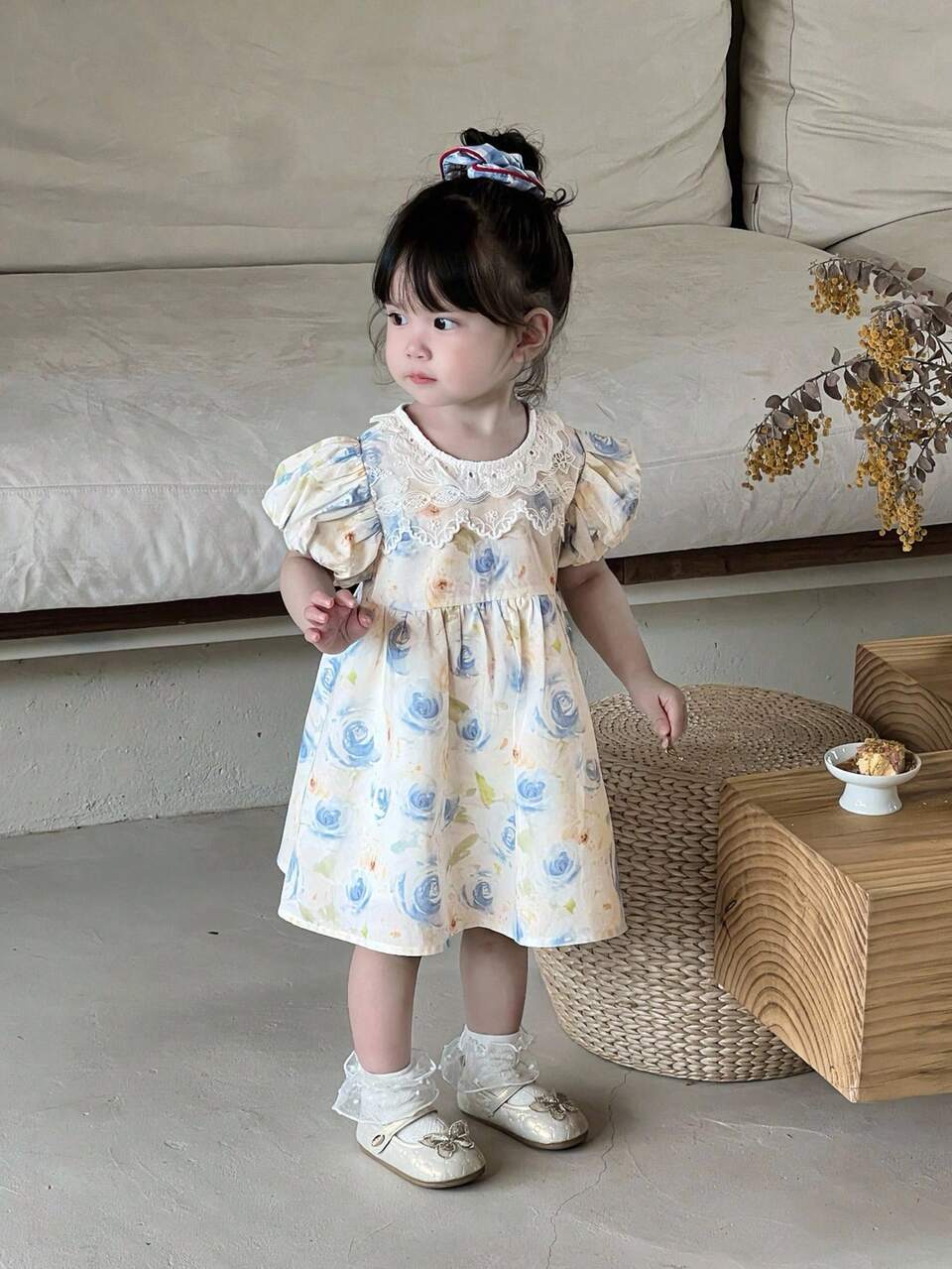 Baby Girls' Full Floral Print Lace Patchwork Midi Party Dress, Formal Occasion Vacation Toddler