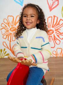 CutesyCutie 彩色条纹宽松休闲女童开衫毛衣，彩虹针织开衫，女童开衫毛衣，纽扣彩虹开衫，秋季毛衣，女童毛衣开衫，女童冬季开衫 - 米色 - 查看 5