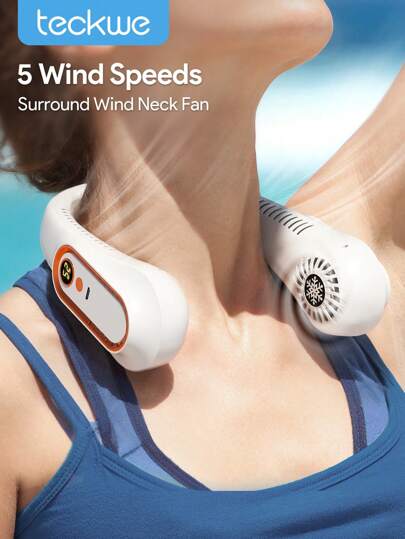 Teckwe Portable Neck Fan, USB Rechargeable Mini Fan, Noiseless Neck Fan That Blow Cold Air, 5 Speeds, Digital Display, Suitable For Office, Home, Sports, Travel, Back To School Surprise