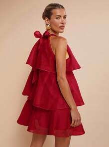 COSMINA 女式夏季优雅纯色挂脖迷你连衣裙 - 紅色 - 查看 6