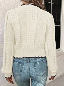 SoleilVie Women Contrast Color Front Button Elegant Long Sleeve Cardigan Knitted Sweater Clothes For University Fall Winter Cloth For Women - White - View 2