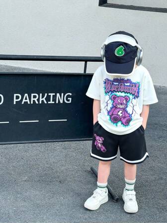 2pcs/Set Young Boys Casual Comfortable Versatile Bear Print Graphic Short Sleeve T-Shirt & Shorts Outfits