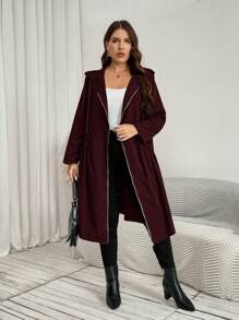 SHEIN LUNE 加大码时尚纯色连帽口袋设计中长款夹克秋季带口袋女式风衣外套冬装 - 酒紅色 - 查看 6