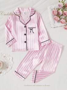 女婴蝴蝶刺绣粉色提花条纹柔软舒适长袖开衫和裤子 2 件套家居服套装可爱睡衣套装幼儿睡衣条纹返校时尚