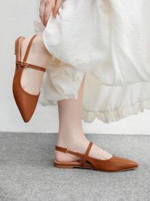 CUCCOO BIZCHIC Women's Brown Point Toe Flat Buckle Strap Comfortable Versatile Office Shoes, Backless Slingback Flat Shoes For Christmas Spring Shoes Fall Shoes - Brown - View 4