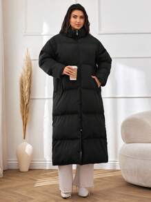 EURMUSE Women's Solid Color Stand Collar Long Warm Padded Coat, Winter Outwear, Plus Size - Black - View 5