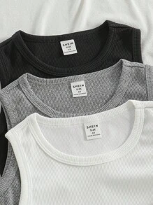 3pcs/Set Girls' Summer Bow Decor Sleeveless Knitted Tank Top, Crew Neck, Black/White/Gray, Suitable For Daily, Casual, Holiday, Festival - Multicolor - View 5