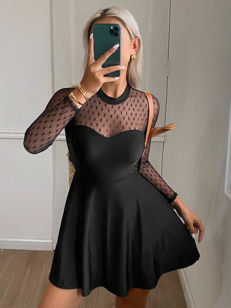 1pc Women Heart Mesh Patchwork Long Sleeve One-Piece Swimsuit Dress Vacation