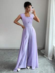 Rafferiza 新款法式女式无袖连体裤，夏季优雅奢华垂坠修身连体裤 - 紫色 - 查看 4