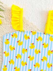Baby Girl Cartoon Duck & Striped Ruffle One-Piece Swimsuit, For Beach Vacation - Multicolor - View 4