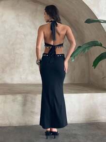 Aloruh 女士夏季度假吊带黑色连衣裙 - 黑色 - 查看 3