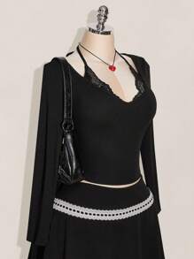 SHEIN ICON 大码蕾丝拼布V领长袖T恤，秋季，返校，日常休闲装 - 黑色 - 查看 5