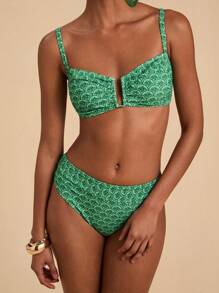 Travachic Conjunto de traje de baño con estampado total para vacaciones en la playa para mujer