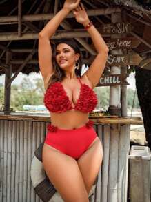 Swim Mod 2pcs Plus Size Women Solid Pink Floral High Waist Triangle Bottoms Minimalist Triangle Cup Bikini Set For Summer Beach Vacation - Red - View 3