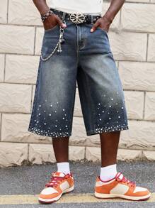 ROMWE MEN Street Life Men Street Life Loose Fit Jeans With Faux Pearl Decor Insert Pockets