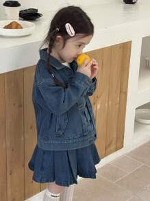 Dazy Kids 2 件套女童休闲水洗牛仔上衣和百褶裙套装，适合年轻女孩 - 藍色 - 查看 5