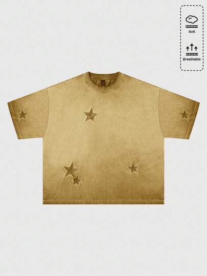 Grunge Punk Men's Casual Round Neck Star Embroidery Washed Loose T-Shirt