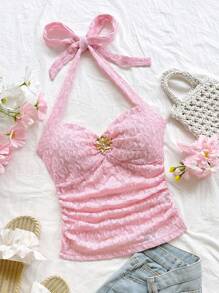 Soleia 女士度假花卉纹理针织 V 领花卉金属纽扣修身吊带背心，适合约会、下午茶、海滩、游轮、城市旅行、音乐节、派对、波西米亚风的休闲装 - 淺粉色 - 查看 5