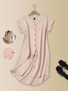 EMERY ROSE Women's Solid Color Buttonless Short Sleeve Casual Short Dress - Khaki - View 1