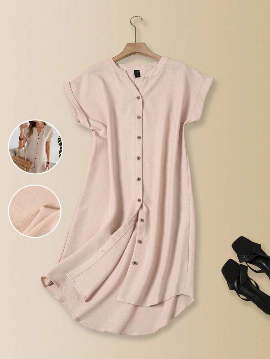 EMERY ROSE Women's Solid Color Buttonless Short Sleeve Casual Short Dress - Khaki - View 1