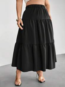 Firerie Plus Size Women's Romantic Multi-Layers Long A-Line Skirt, Black Umbrella Hem Layered Skirt, Summer Outfit For Travel, Holiday, Date
