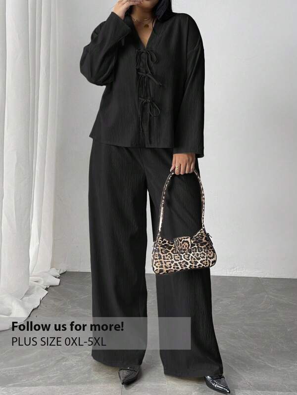 Firerie Plus Size Elegant 2Pcs Set: Casual Open Front Loose Shirt And High Waist Wide Leg Pants, Suitable For Commuting, Workplace, High-End Venues, Afternoon Tea, Dating, Concert, Party