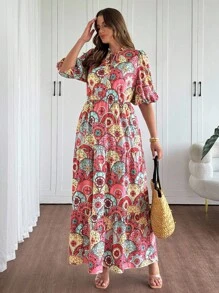 SHEIN Clasi 大码女式夏季度假风格全印花荷叶边系带泡泡袖腰部修身连衣裙 - 彩色 - 查看 5