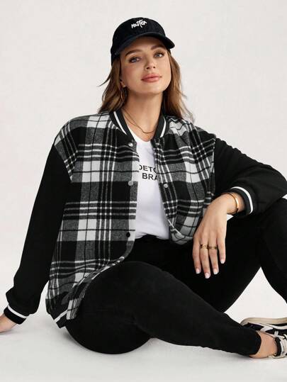 Comfylo 大码休闲格子拼接棒球夹克 女士教师装 秋季女装 商务休闲女装 女士办公室装 格子运动夹克 女士格子字母夹克 女士黑白格子夹克 女士秋季装 女士冬装 返校节外套 高品质外套 黑白格子夹克 女士夹克 轻便夹克 拉链夹克 秋季夹克 女士拉链大衣 返校节外套 万圣节女装