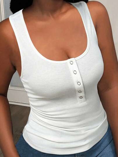 Slaydiva 2025 Summer New Casual Basic Versatile White Slim Round Neck Half Button Ruched Side Tank Top, For Music Festival, Graduation Brunch, Daily, Travel, Party Gathering, Back To School, Casual,Sports, Yoga White Button Tank Top White Ribbed Tank Top