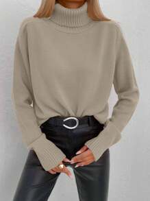 Cloudara Turtleneck Ribbed Knit Sweater - Brown - View 7