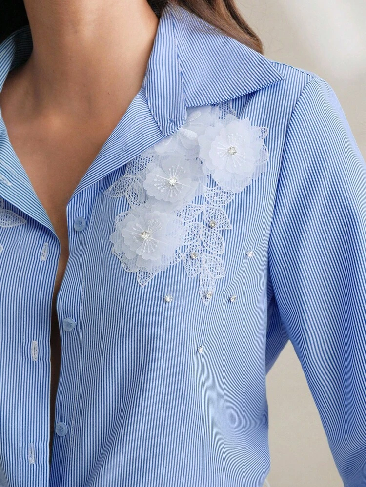Striped Long Sleeve Shirt With 3D Flower & Rhinestone Design