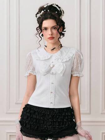 Kawaii Camiseta de mujer con cuello Peter Pan, mangas acampanadas y decoración de lazo, para el verano