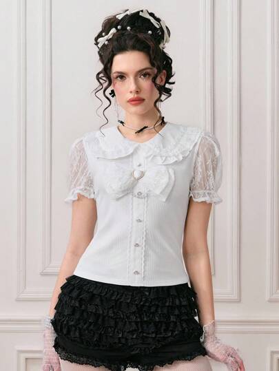 Kawaii Damen süßes T-Shirt mit Peter-Pan-Kragen und Rüschenärmeln mit Schleifen-Dekor, Sommer