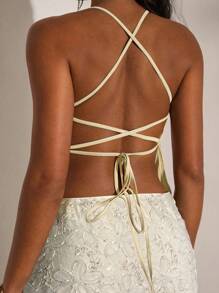 Opulessa 1 件女式纯色纹理露背系带衬衫 - 杏色 - 查看 2